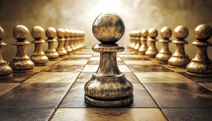 Strategic golden chess piece with pawns in the background, representing leadership and tactics  -