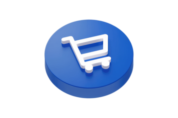 3D render of a white shopping cart icon on a blue circle. background removed