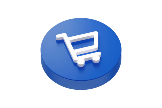 3D render of a white shopping cart icon on a blue circle. background removed