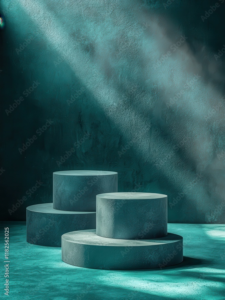 Poster surreal three circular product stands on turquoise background high resolution artistic style studio 