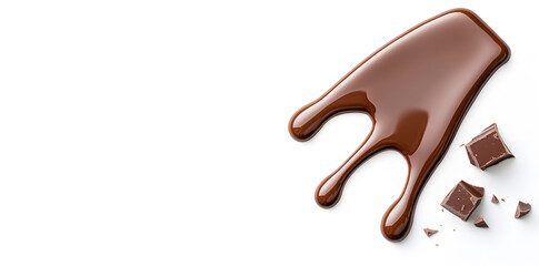 Melted dark chocolate dripping and flowing down from the top, isolated on white background