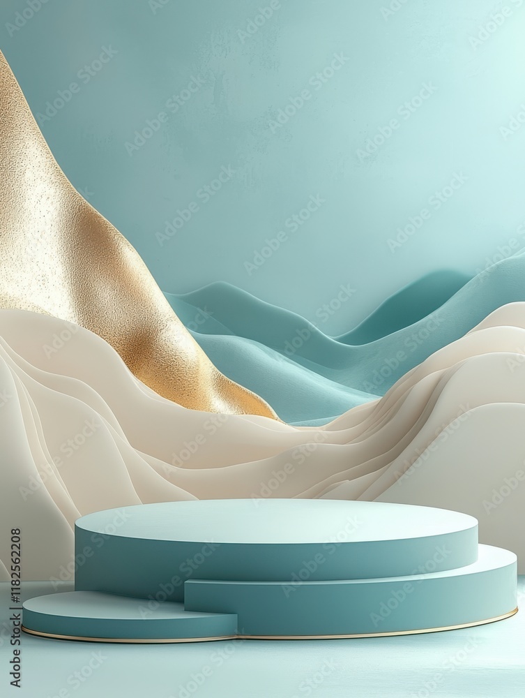 Poster surreal circular product displays turquoise background digital art soft textures high resolution abs