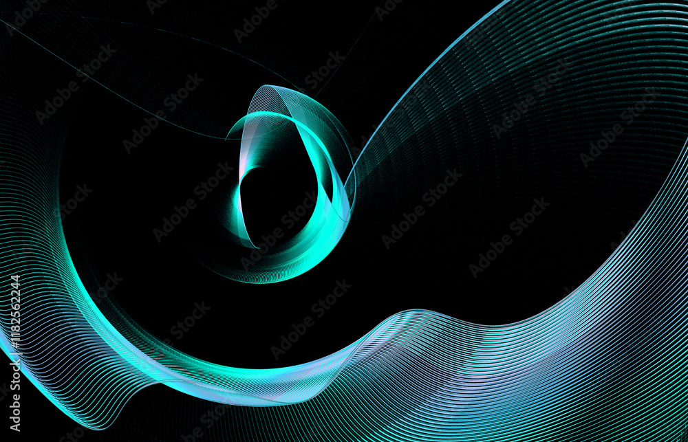 Poster abstract fractal background. turquoise wavy striped planes are dynamically arranged on a black backg