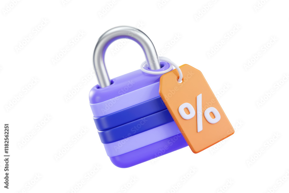 Poster 3d render of a padlock with a percentage tag, symbolizing secure discounts or savings. background re