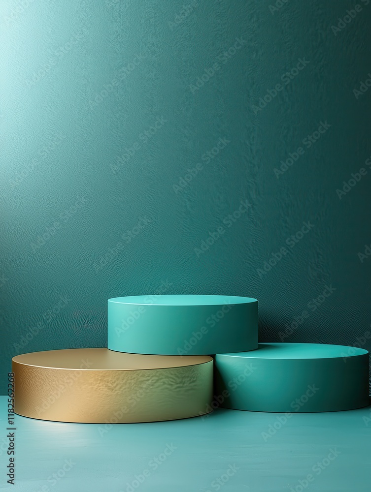 Poster surreal product display turquoise background high-resolution image soft gold gradients modern design