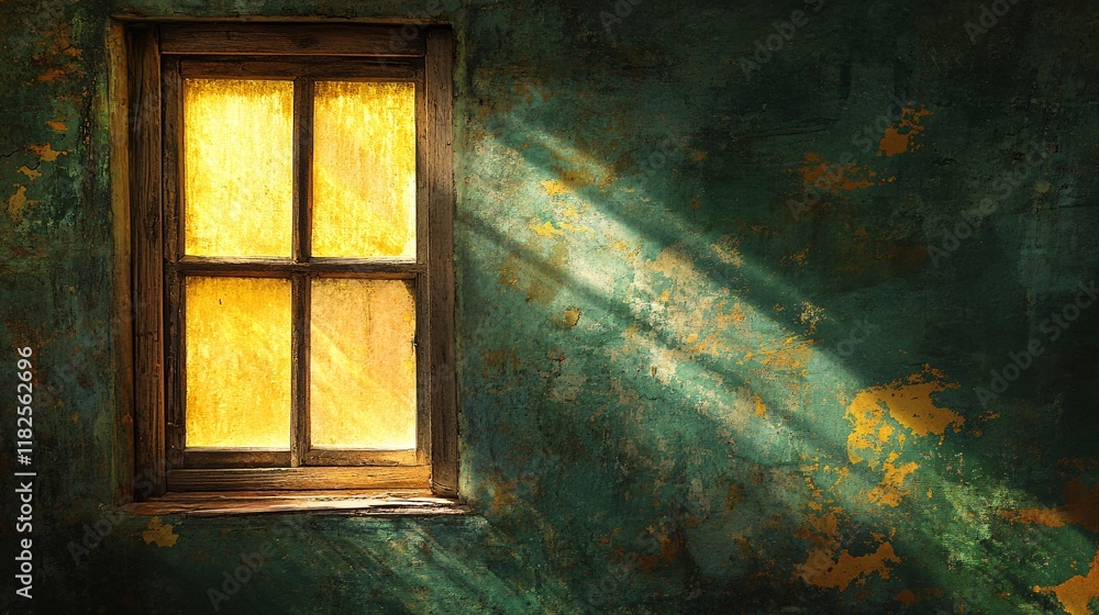 Poster light streaming through a rustic window in an old, textured room