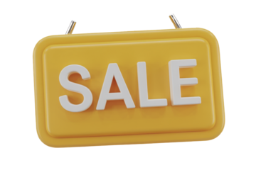 Yellow 3D sale sign with white lettering, perfect for promotions and discounts. background removed