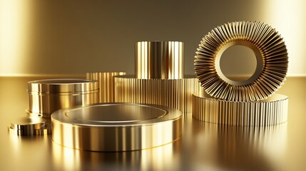 Fototapeta premium Luxurious Golden Cylinders and Rings Abstract 3D Render