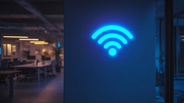 Blue glowing wi-fi on business office wall. empty interior at dark night. fast laptop internet connection, technology and communication network, hotspot data sharing symbol for device signal.
