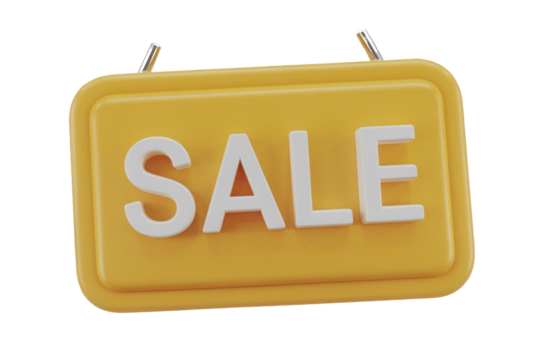 Yellow 3D sale sign with white lettering, perfect for promotions and discounts. background removed