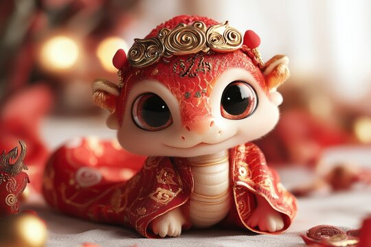 Adorable baby dragon in red and gold traditional outfit