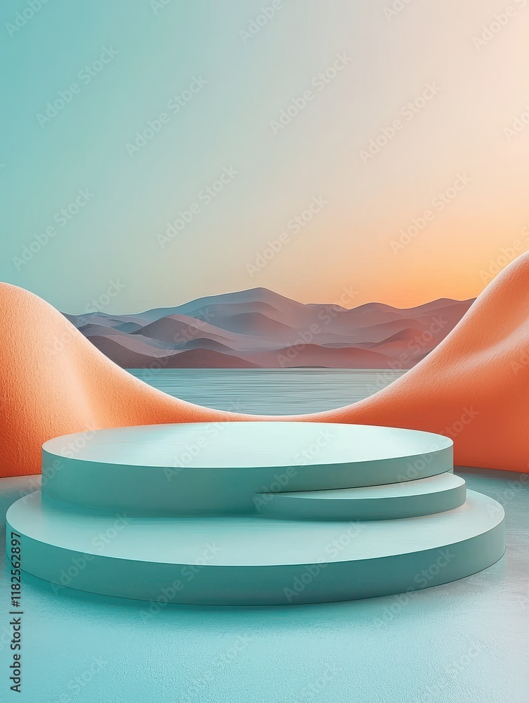 Poster surreal circular product stands turquoise background high-resolution design soft gradient landscape 