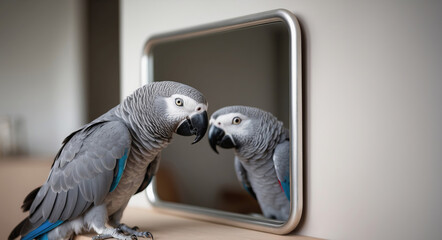 Fototapeta premium Gray parrot interacting with its reflection in a mirror at home in a quiet moment of self-discovery