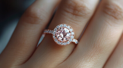 Closeup of hand of a bride woman wearing engagement ring for marriage commitment and ceremony on finger. relationship celebration event, luxury jewelry.