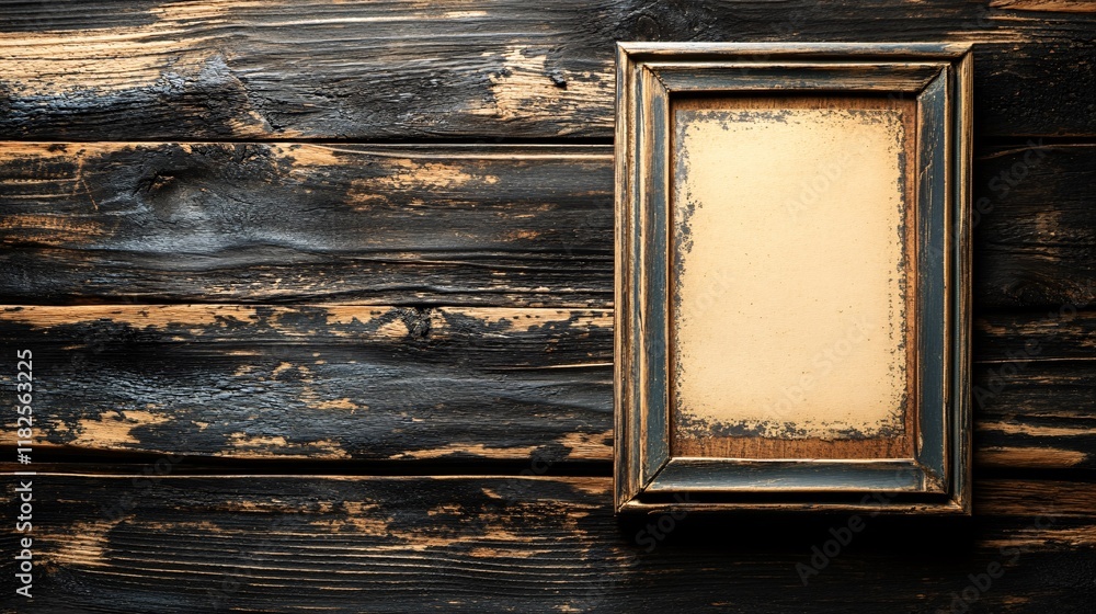 Poster rustic wooden background with an empty vintage picture frame on display