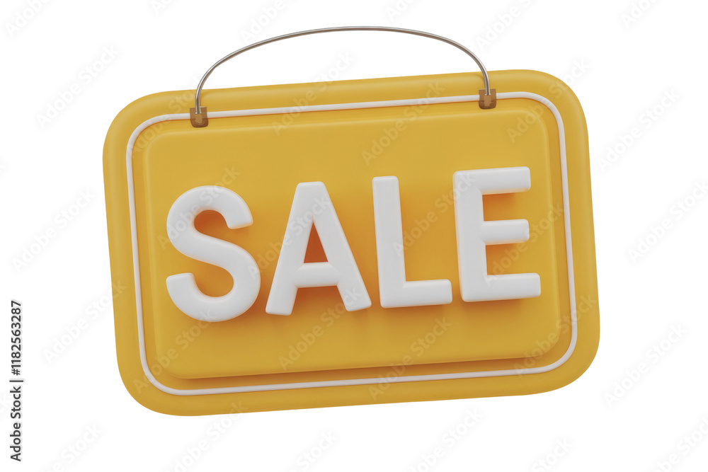 Poster 3d render of a yellow sale sign with a hanging hook. background removed