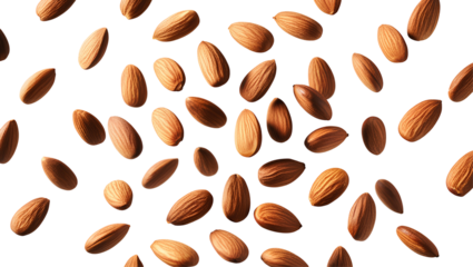 Photo of fresh almonds flying in the air isolated on transparent background