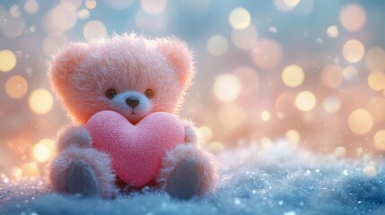 Fototapeta premium Cute teddy bear holding heart with glowing lights and snowy background
