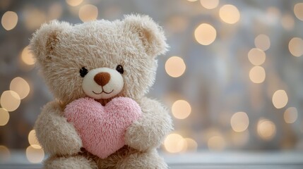 Fototapeta premium Cute teddy bear holding heart with warm bokeh background