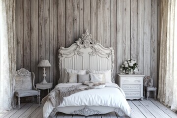 A simple bedroom interior with a white bed and wooden walls, ideal for a quiet retreat or a relaxing space