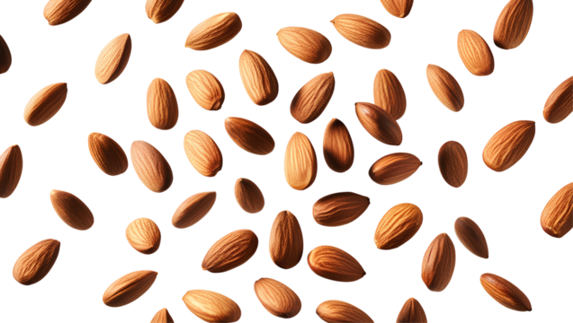 Photo of fresh almonds flying in the air isolated on transparent background