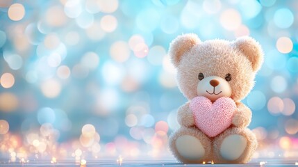Fototapeta premium Cute teddy bear holding heart with sparkling bokeh background