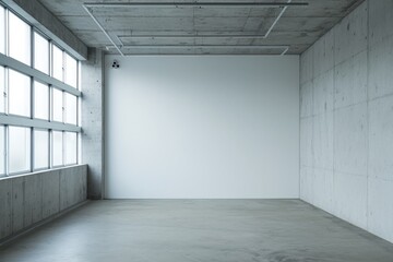 A large white wall in an empty room with a concrete floor, windows on the left, and an industrial-style interior featuring concrete walls, a grid ceiling, and bright blank space for mockups