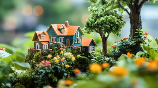 Miniature houses nestled in a vibrant, lush garden landscape.