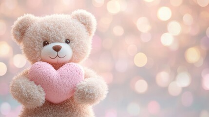 Fototapeta premium Adorable teddy bear holding heart on soft pastel background