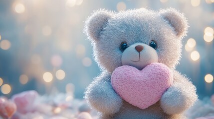 Fototapeta premium Fluffy teddy bear holding pink heart with soft bokeh background
