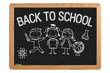 Back to school chalkboard drawing of happy children with school supplies. background removed