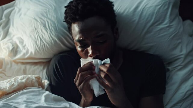 Sick african american man blowing nose in bed