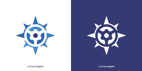 Simple Compass Gear Logo. Compass and Gear Icon Graphic. Gear Compass Logo Design Template.
