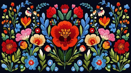 Vibrant floral embroidery design featuring colorful flowers on a dark background