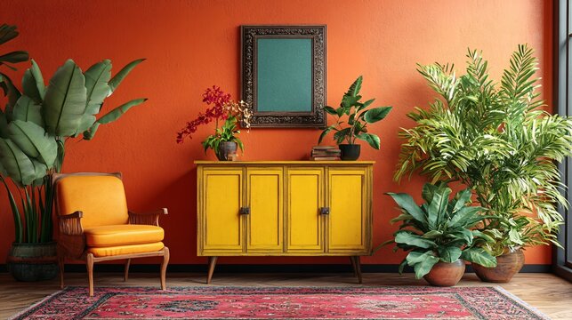 Vibrant interior design featuring orange walls and lush greenery in a cozy setting