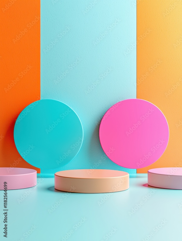 Poster surreal product display with circular stands turquoise background high resolution art vivid gradient