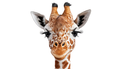 A sassy giraffe with long eyelashes, close-up portrait against a white background. background removed