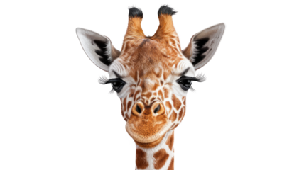 A sassy giraffe with long eyelashes, close-up portrait against a white background. background removed