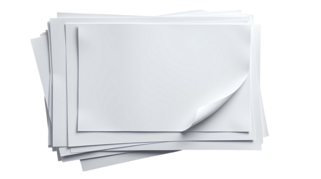 Photo of blank paper sheet with a curved corner on a stack of paper isolated on transparent background - Powered by Adobe