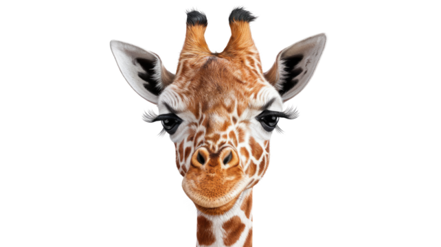 A sassy giraffe with long eyelashes, close-up portrait against a white background. background removed - Powered by Adobe