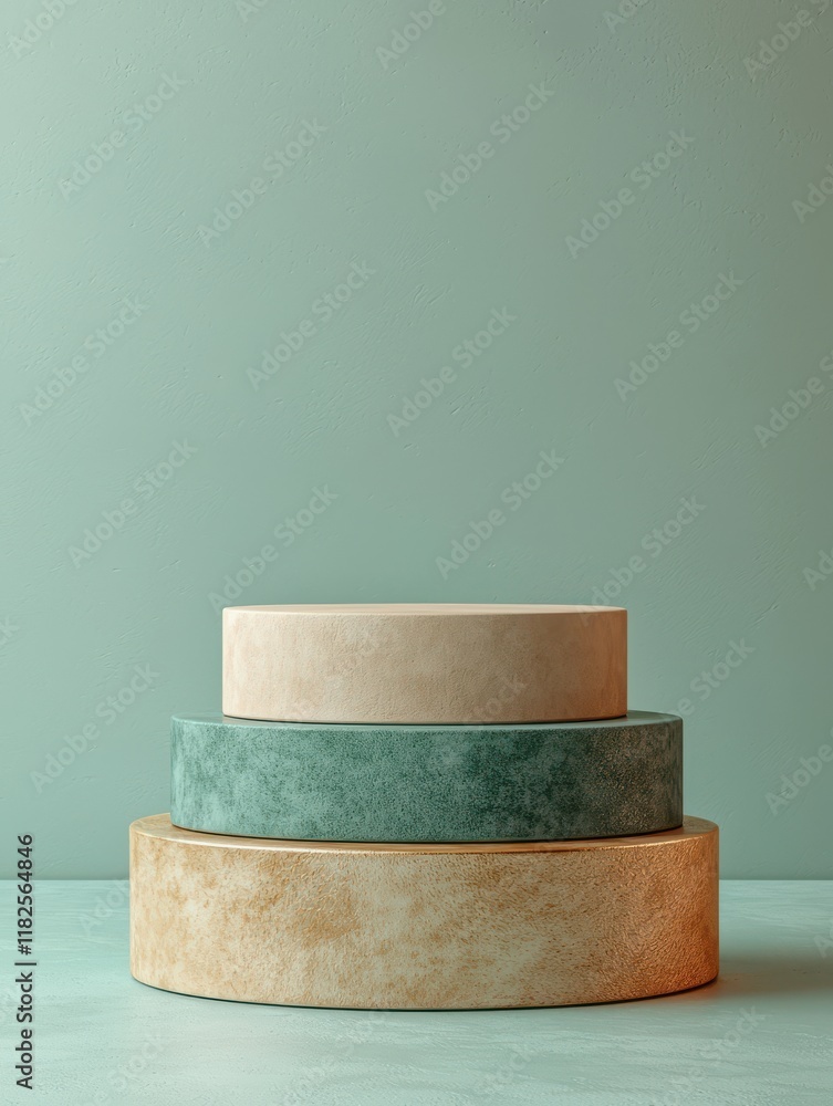 Poster surreal circular product stands on turquoise background simple style high-resolution art