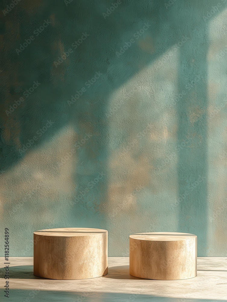 Poster surreal display of circular product stands turquoise background high-resolution image warm tones min