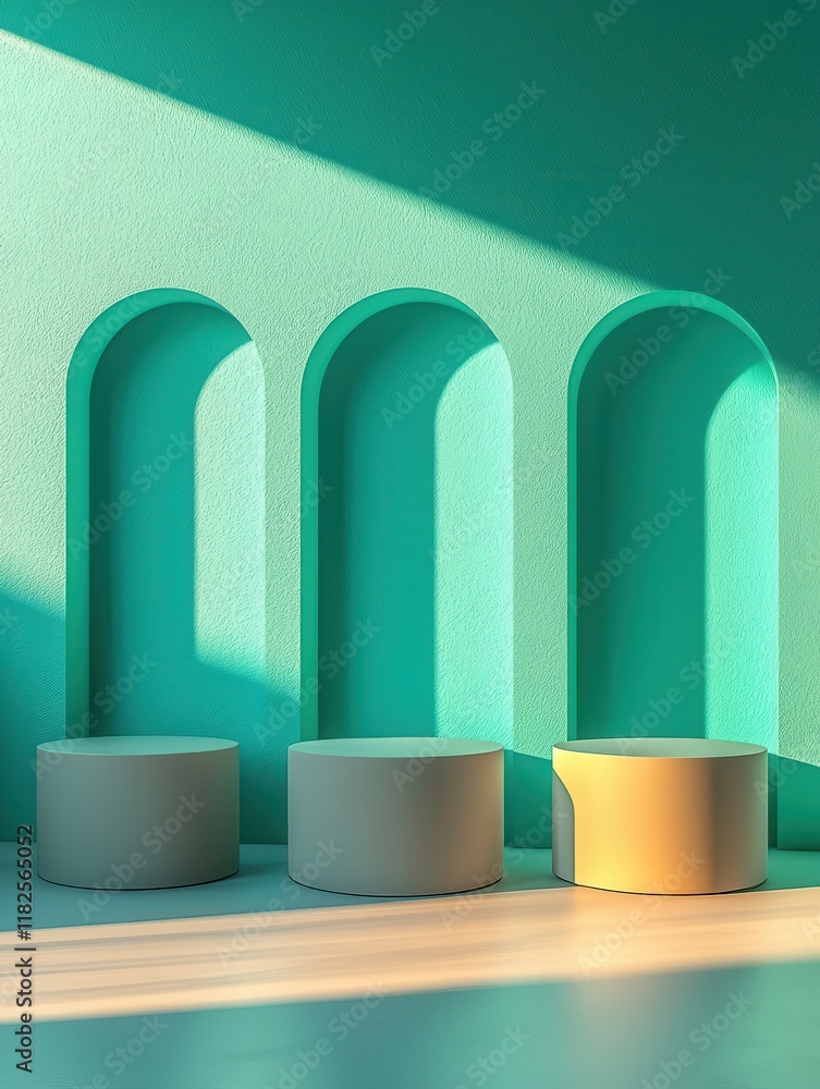 Poster surreal product display with circular stands turquoise background high-resolution imagery golden hou