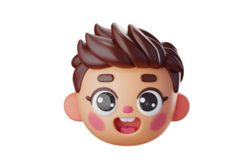 A cheerful 3D render of a boy's head with big eyes and a happy expression. background removed