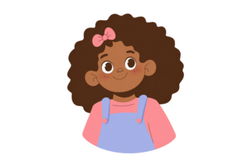 Happy little girl with curly hair and pink bow, wearing overalls. background removed