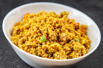 boulgur quinoa dish with vegetables vegetarian dish vegetable food fresh tasty food dish delicious gourmet food background on the table rustic food top view copy space keto and paleo diet