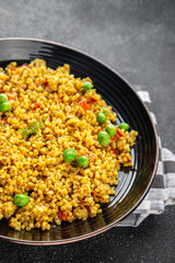 boulgur quinoa dish with vegetables vegetarian dish vegetable food fresh tasty food dish delicious gourmet food background on the table rustic food top view copy space keto and paleo diet