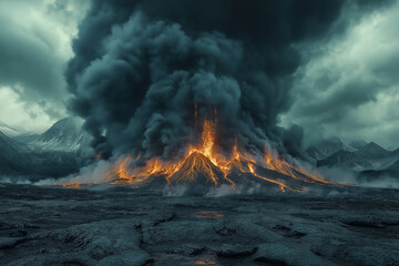 Volcan en éruption avec flux de lave et ciel menaçant