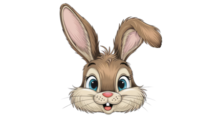 Adorable cartoon rabbit face with big blue eyes and long ears, perfect for Easter. background removed