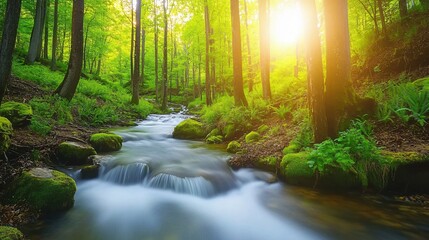 Obraz premium Serene Forest Stream at Sunset, Lush Green Trees, Mossy Rocks, Flowing Water